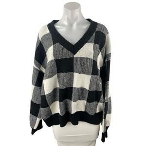Listicle Black Gingham Check Knit Long Sleeve V Neck Boxy Sweater Top Size S